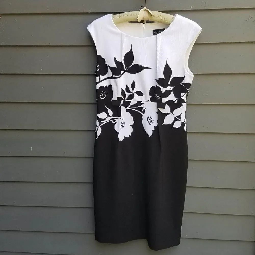 Connected Black White Floral Belted Dress size 10
